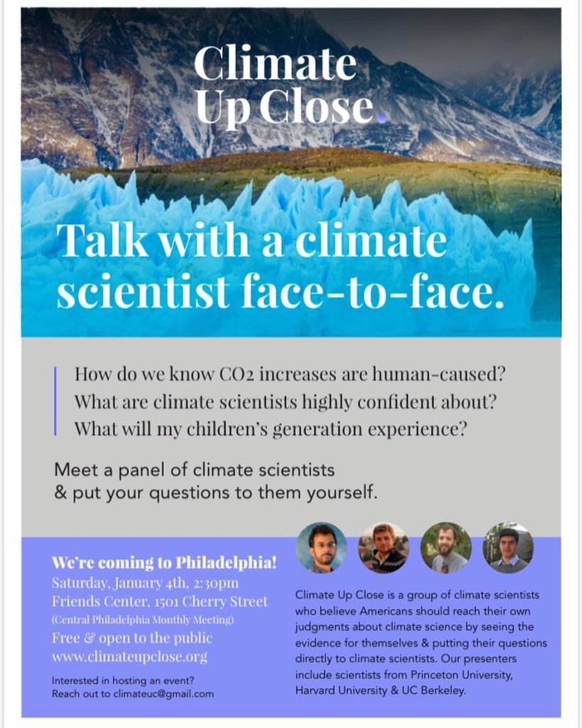 Flyer for Climate Up Close event at Friends Center, January 4, 2020, at 2:30 pm. The text of the flyer is repeated on the page below.